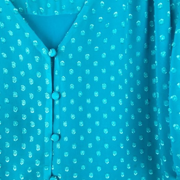 Chico's Blouse Womens Size 1 Medium 8 Blue Clip Dot Peplum‎ Flutter Sleeve Top - Picture 4 of 12